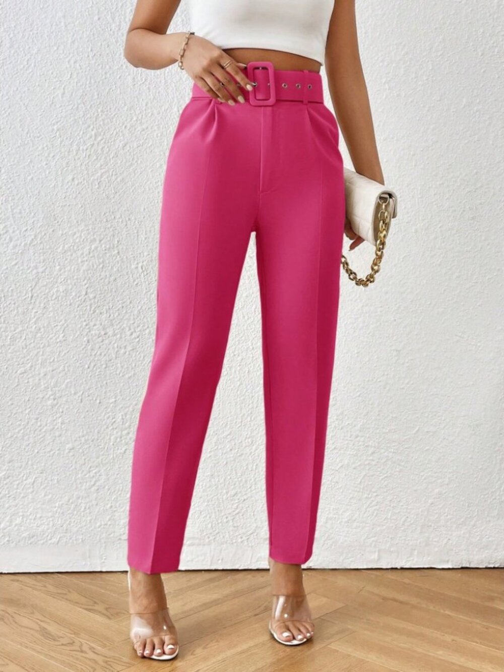 Hot Pink Belted High Waist Tapered Slim Skinny Trousers